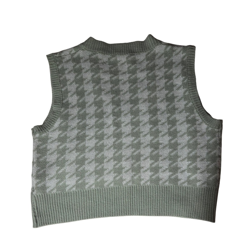 Womens Houndstooth Sweater Vest Sage Green Sleeveless Knit Top, Medium - Picture 3 of 3